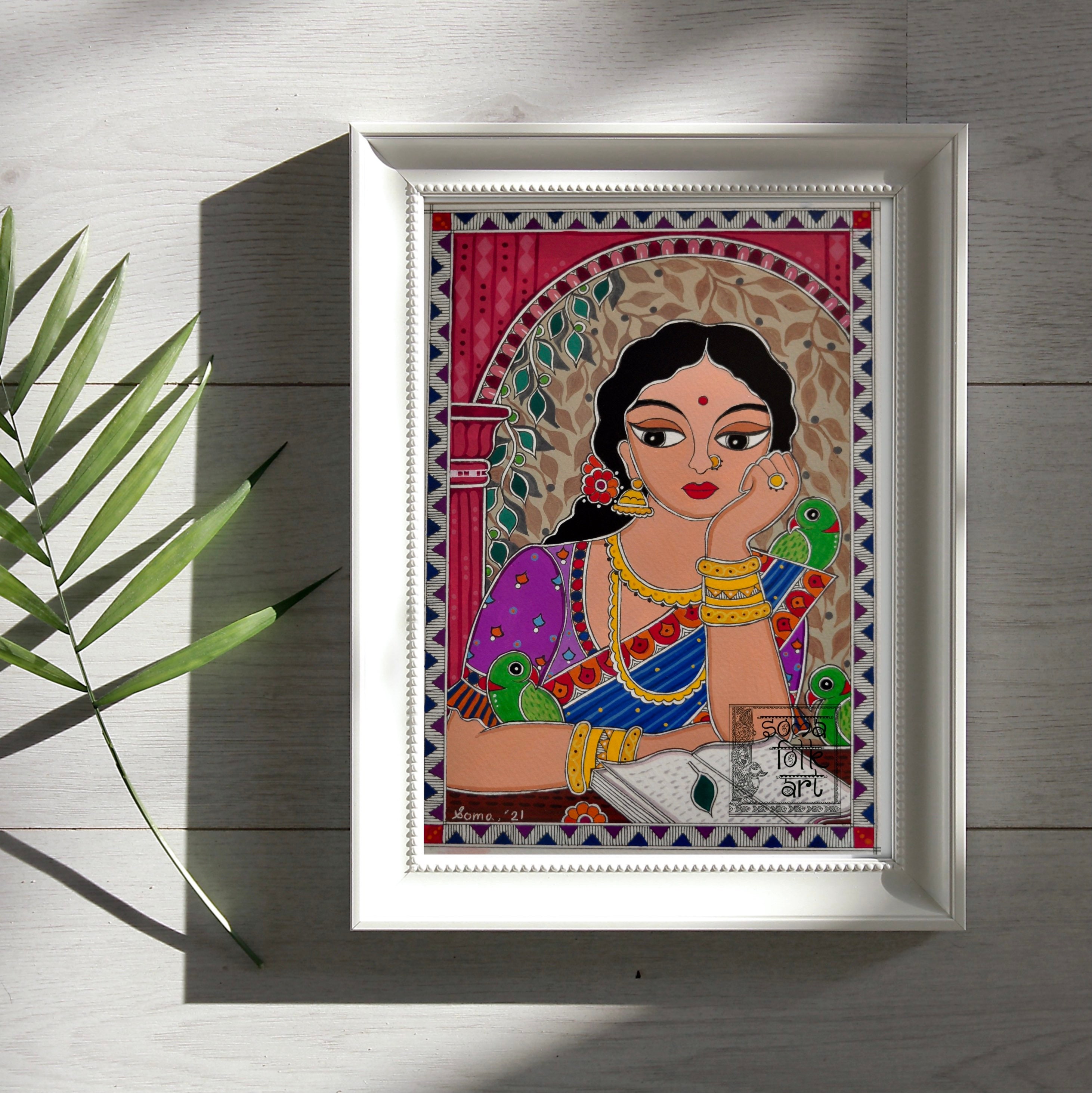 Buy Print Madhubani Lady Lost in Her Thoughts Painting Desi Brown Girl ...