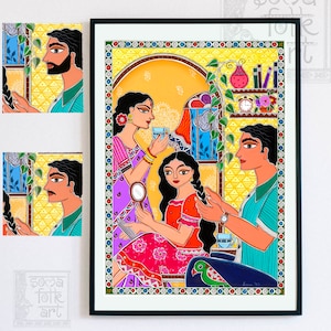 Print Happy Family, Madhubani Painting, Father Mother Daughter, Gift for Father,  Indian Wall Decor Folk Art, Indian Housewarming Gift ideas