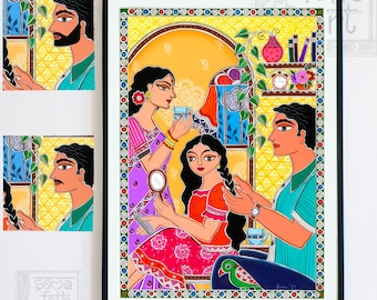 Happy Family Madhubani Print, Indian Folk Art, Housewarming Gift