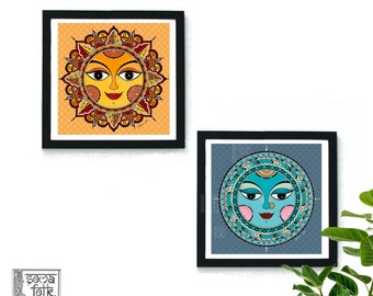 Print Sun and Moon Art , Indian Folk art Wall art, Set of 2 designs, Gift for Couples, Solar System Art, Celestial Moon Art