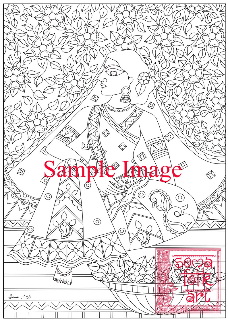 Download Instant Download Adult Coloring Page Digital Coloring Page Coloring Pages For Adults Flower Seller Indian Madhubani Woman Digital Prints Art Collectibles Safarni Org