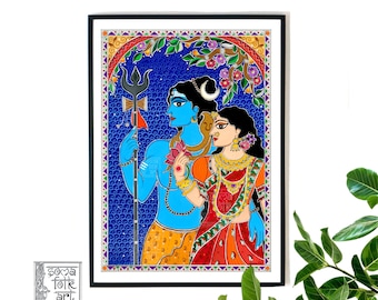 Print Madhubani Painting, Lord Shiva and Parvati, Mahadev Durga, Hinduism, Hindu Painting, Wall Decor, Gift for Indian wedding, couple