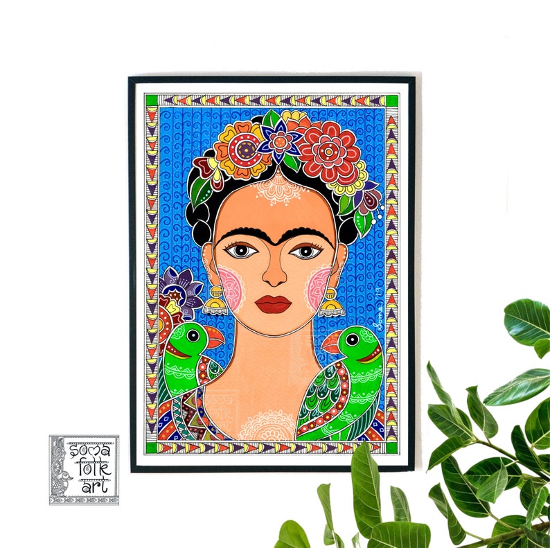 Print Frida Kahlo Madhubani painting Indian Indian Wall decor image 1
