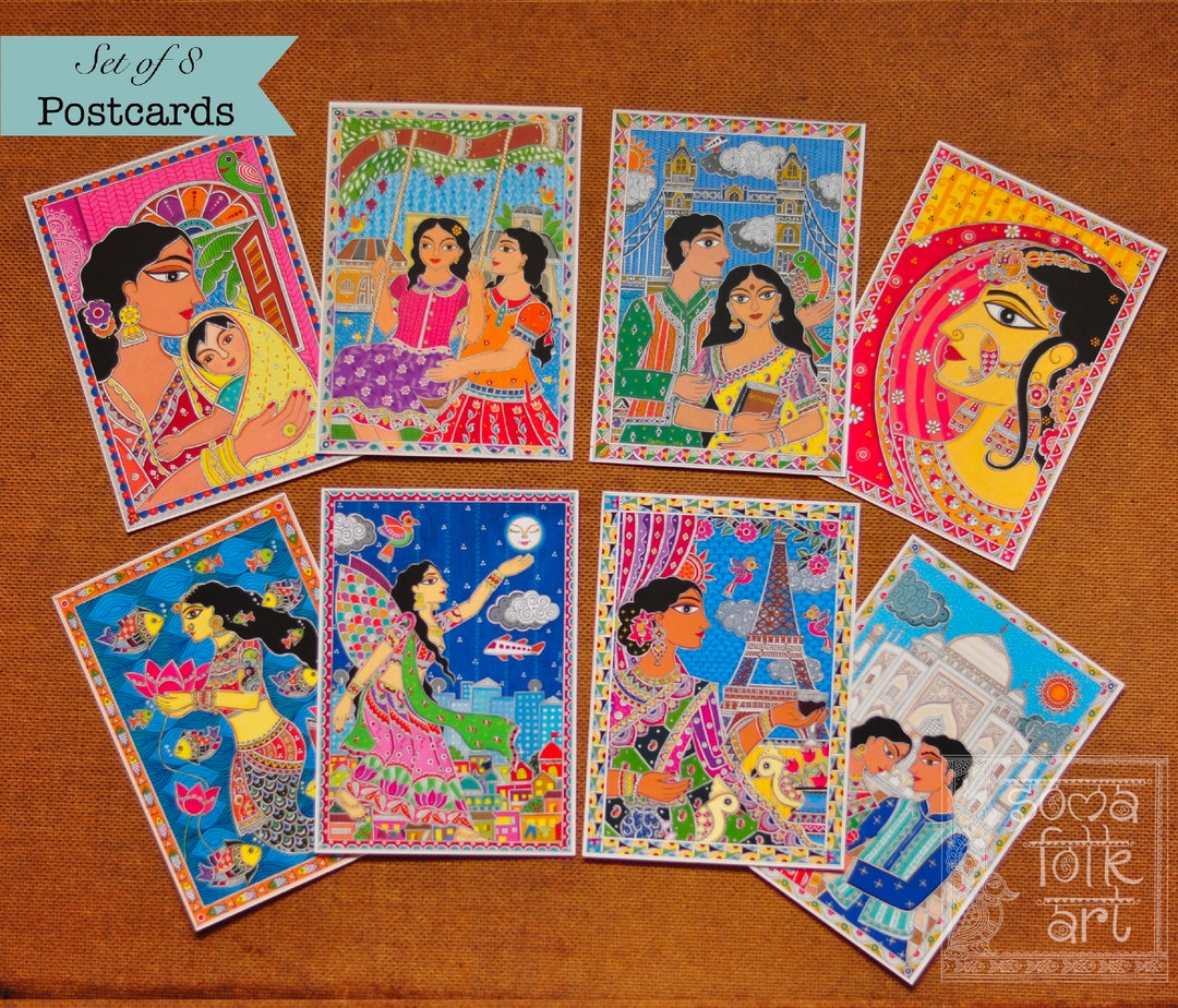 Madhubani Postcards, Set of 8, Indian Desi Wall Art, Home Decor - Etsy