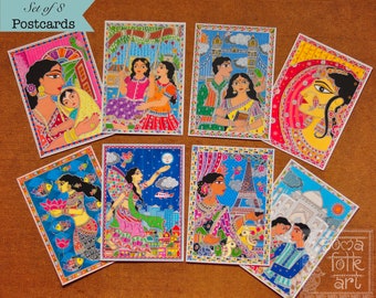 Madhubani Postcards, Set of 8, Indian Desi Wall Art, Home Decor