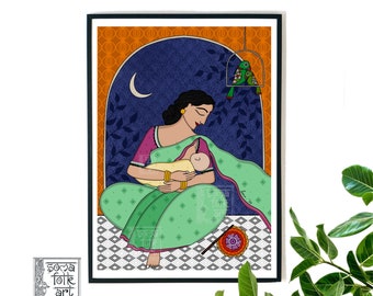 Breastfeeding Mother Art Print, Madhubani Inspired Indian Folk Art