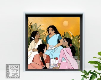 Indian Alpana Folk Art Print, Evening Tea with Friends, Desi Wall Art
