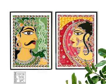 May include: Two framed paintings of traditional Indian folk art. The left painting features a man with a green turban and a mustache, while the right painting features a woman with a red and yellow headdress. Both paintings are done in a colorful style with intricate details.