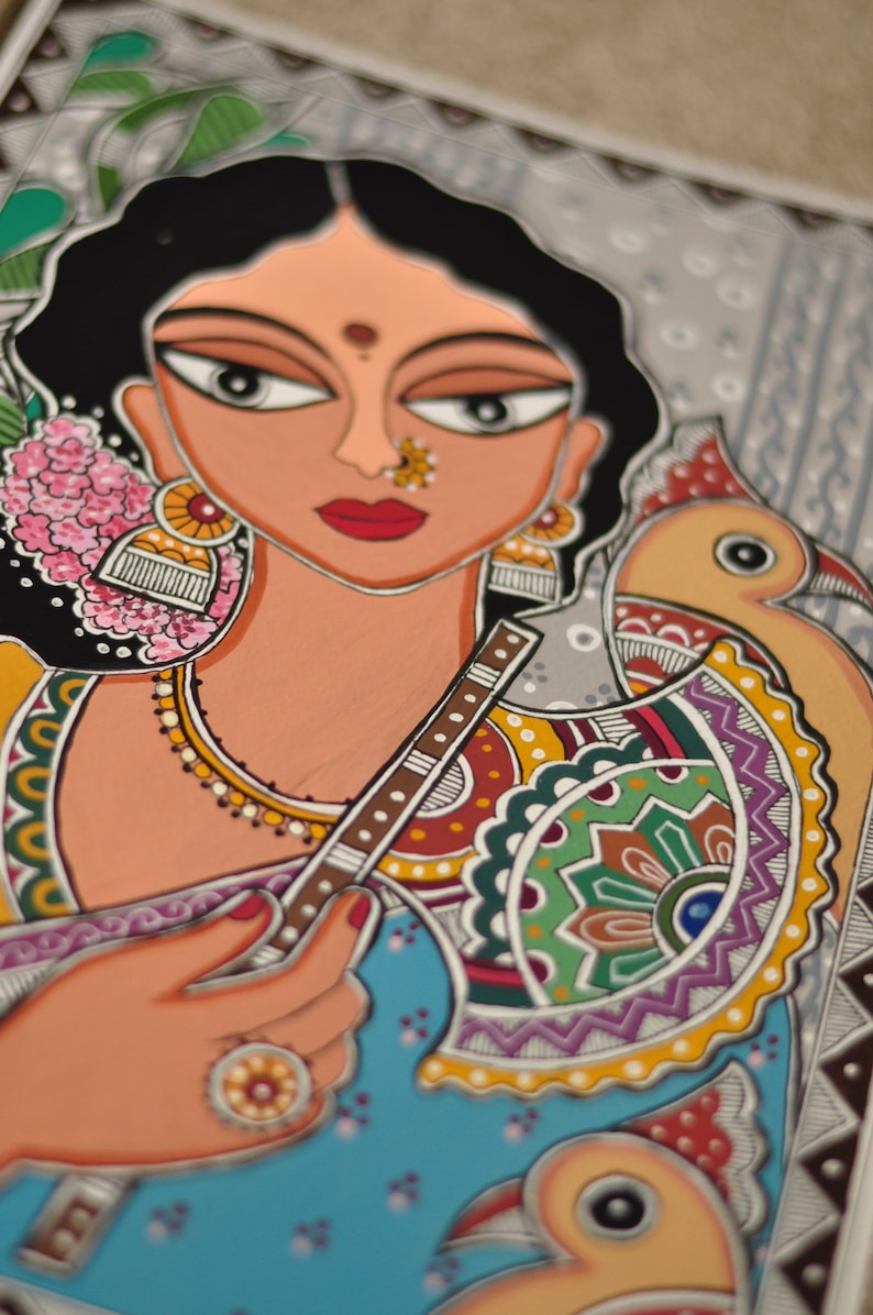 Print Madhubani Lady With Cockatoos Painting Indian Wall Decor - Etsy