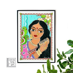 Print Madhubani painting, Lady with her Parrots , Indian Wall decor, Gift for Indian Woman