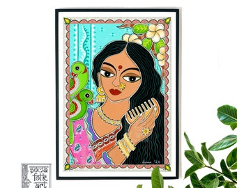 May include: A colorful folk art painting of a woman with long black hair, wearing a pink and purple sari, combing her hair with a wooden comb. Two green parrots are perched on a branch behind her. The painting is framed in black.
