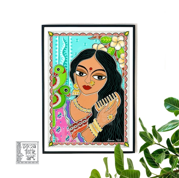 Print Madhubani Painting Lady With Her Parrots Indian Wall