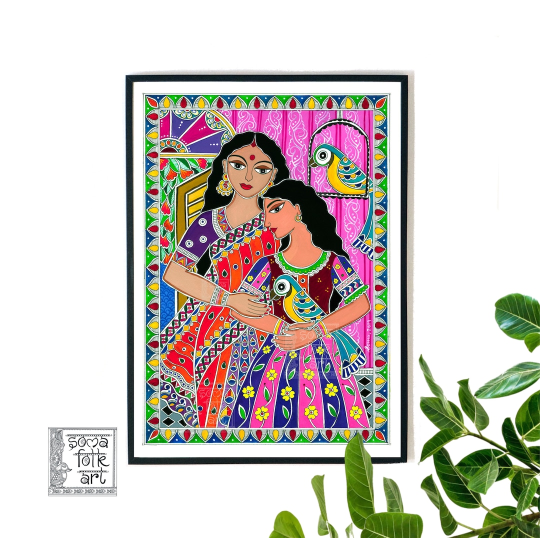 Print Madhubani Indian Folk Wall Art Mother Daughter Macaws Desi Brown ...