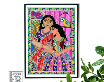 Print Madhubani Indian Folk Wall Art Mother Daughter Macaws Desi Brown Girl