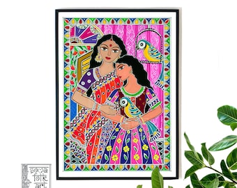 Print Madhubani Indian Folk Wall Art Mother Daughter Macaws Desi Brown Girl
