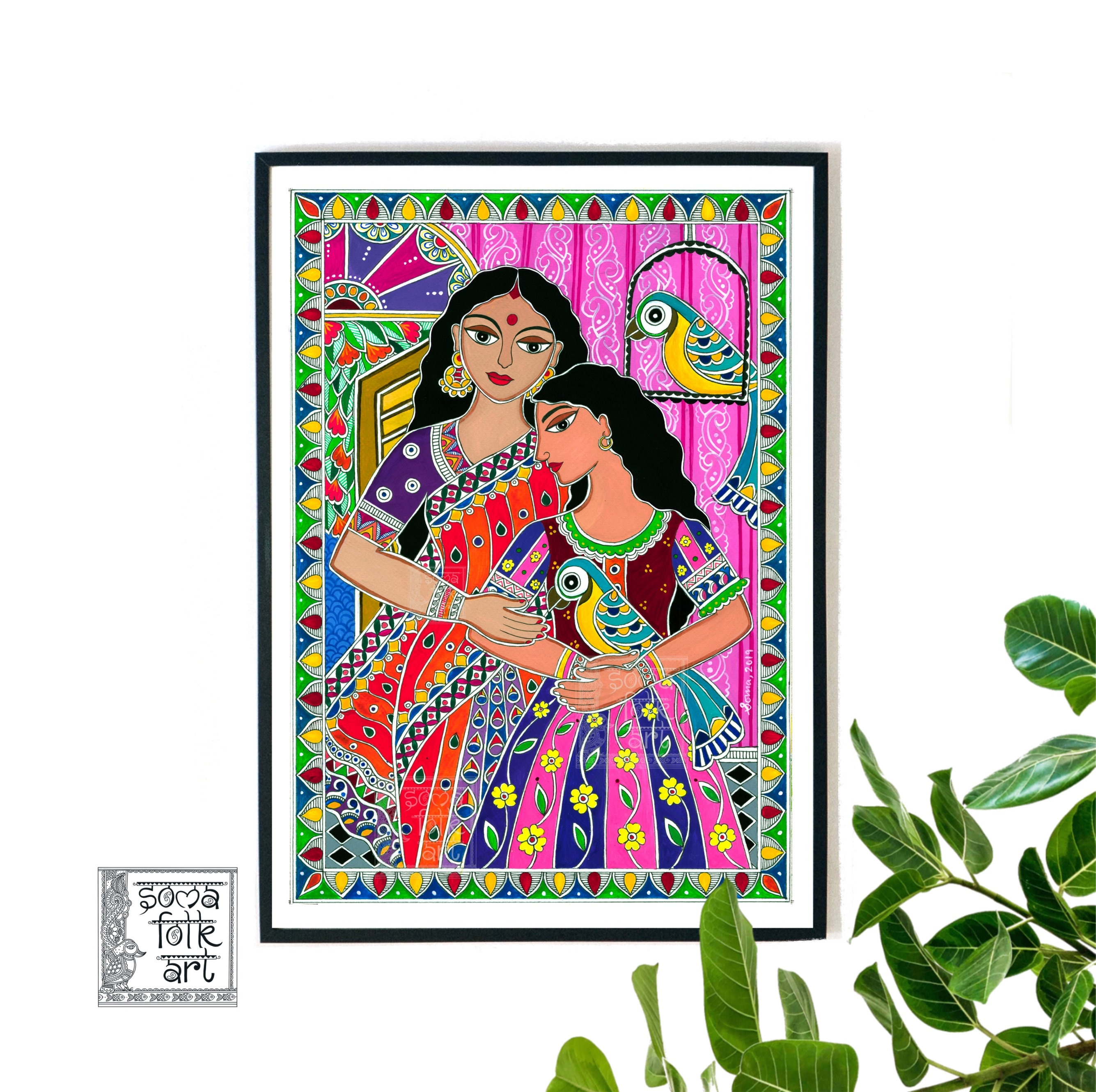 Print Madhubani Indian Folk Wall Art Mother Daughter Macaws Desi Brown ...