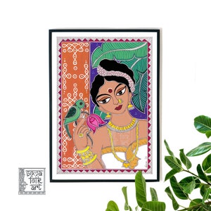 Print Madhubani Kerala Woman with her Parrot painting Indian Wall decor