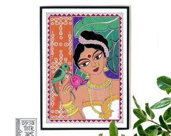 Print Madhubani Kerala Woman with her Parrot painting Indian Wall decor