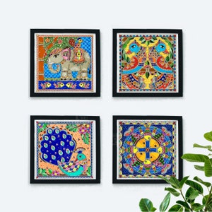 Print Madhubani Animals Indian Desi Home Decor Wall Art Set of 4 , Elephant, Bird, Fish, Peacock