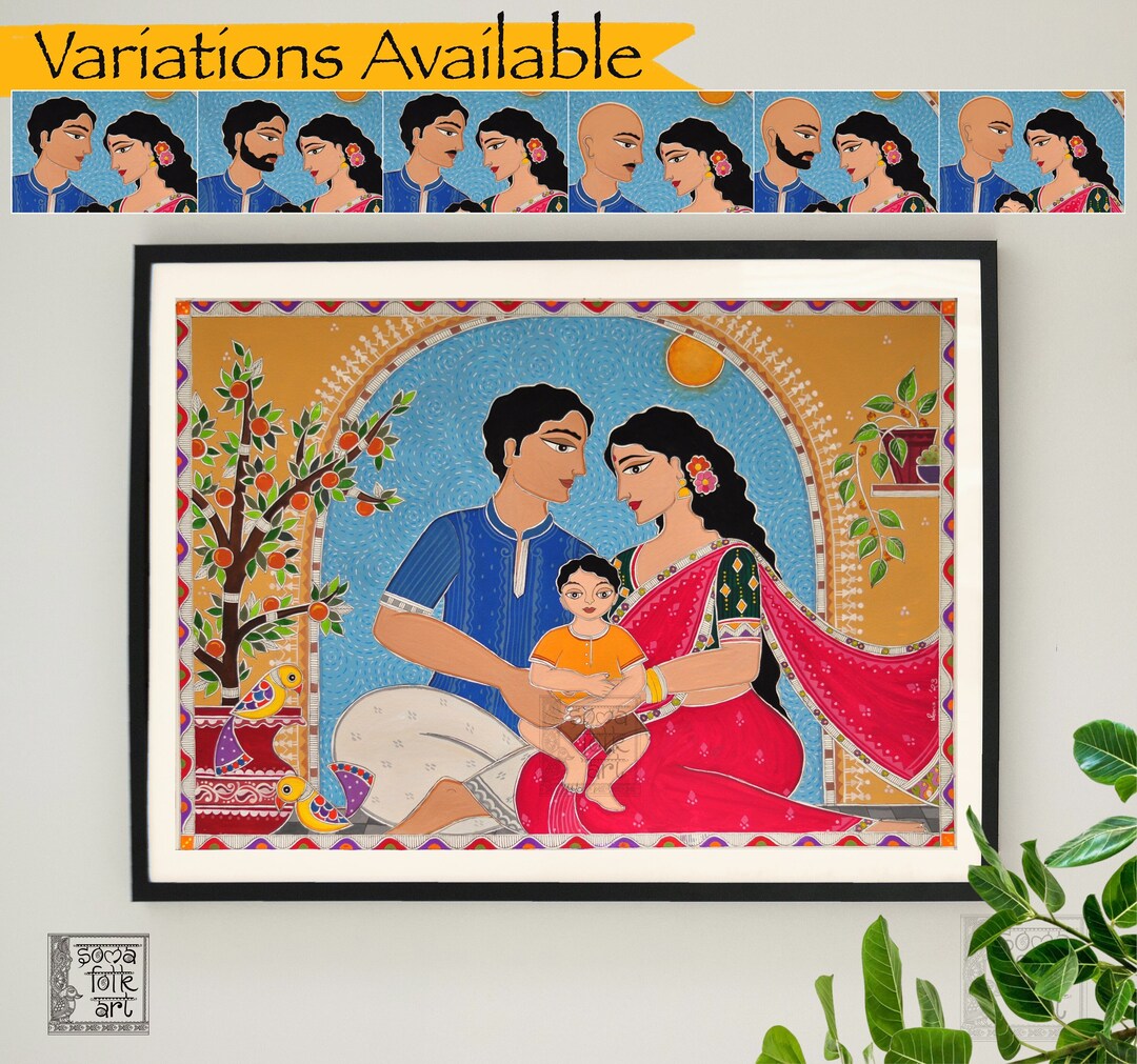 Print Madhubani Indian Art, Family of Three 3 Mother Father Son , Desi ...