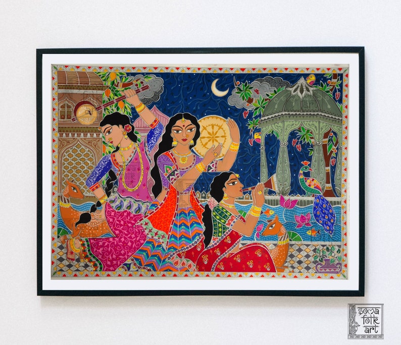 May include: A colourful painting depicting three women playing musical instruments in a garden setting. The women are dressed in vibrant saris and jewellery, and the scene is filled with intricate details, including peacocks, flowers, and a moon in the night sky.
