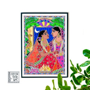 Print Indian Same Sex Couple LGBTQ Madhubani Print Desi Art Home Wall Decor, Gift for Valentine