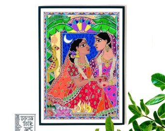 Indian Same-Sex Wedding Art Print, LGBTQ Madhubani Painting