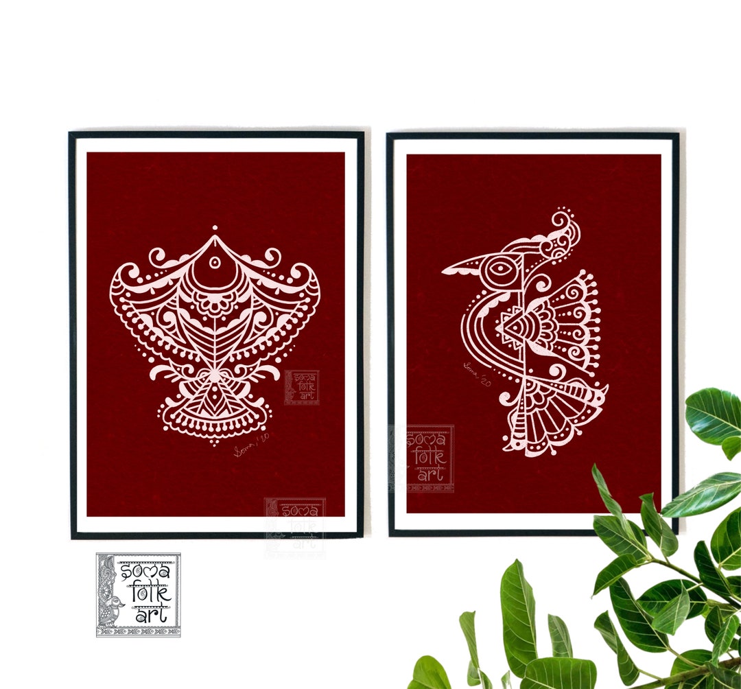 Print Alpana, Bird and Fish, Indian Folk Art , Bengali Wall Art, Set of 2  Designs 