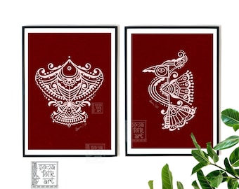 Alpana Art Prints, Bird and Fish, Bengali Folk Art, Set of 2