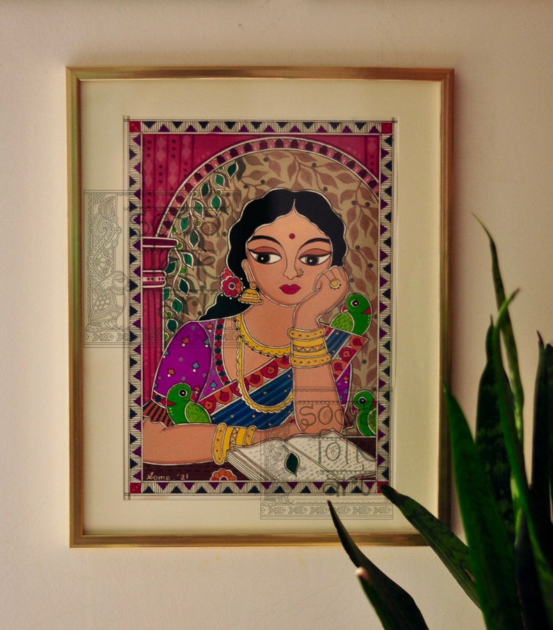 Print Madhubani Lady Lost in Her Thoughts Painting Desi Brown Girl ...