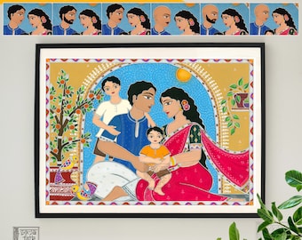 Print Madhubani Indian Art, Family of four 4 Mother Father two sons , Desi Wall Decor