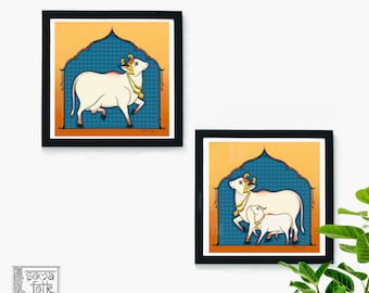 Pichwai Cow painting, Cow with calf art, Rajasthani Art, Indian Folk Art, Desi home decor, Living Room wall art, Gift for Indian Family