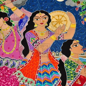 May include: A colourful painting featuring three women playing musical instruments. The woman on the left plays a stringed instrument, the woman in the centre plays a drum, and the woman on the right plays a flute. The painting is set against a blue background with stars and a cityscape in the background.