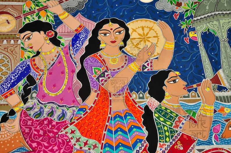 May include: A colourful painting featuring three women playing musical instruments. The woman on the left plays a stringed instrument, the woman in the centre plays a drum, and the woman on the right plays a flute. The painting is set against a blue background with stars and a cityscape in the background.