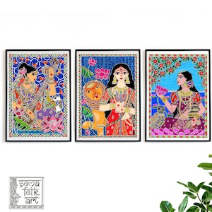 Drie godinnen Durga, Laxmi / Lakshmi, Saraswati hindoeïsme kunst set van 3 Indiase desi kunst aan de muur