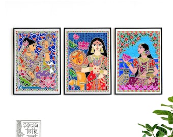 Three Goddesses  Durga, Laxmi / Lakshmi,  Saraswati  Hinduism Art Set of 3 Indian Desi wall art