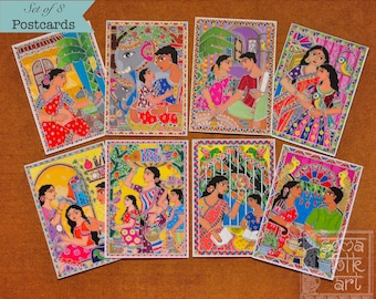 Postales Madhubani (juego de 8) Arte de pared indio Desi