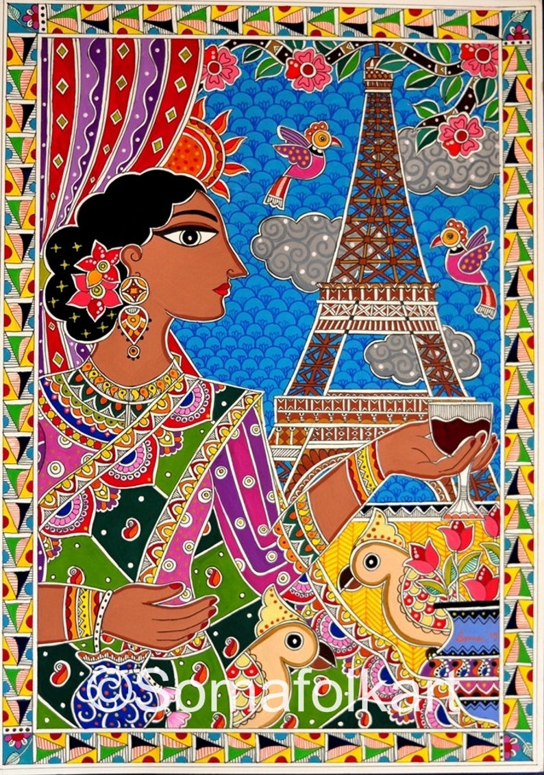 Print  Madhubani painting Paris Eiffel tower Indian Wall decor image 0