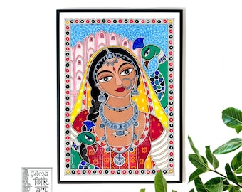 May include: A colorful painting of a woman with a peacock. The woman is wearing a yellow and red sari with intricate jewelry. The background is a blue and white cityscape.