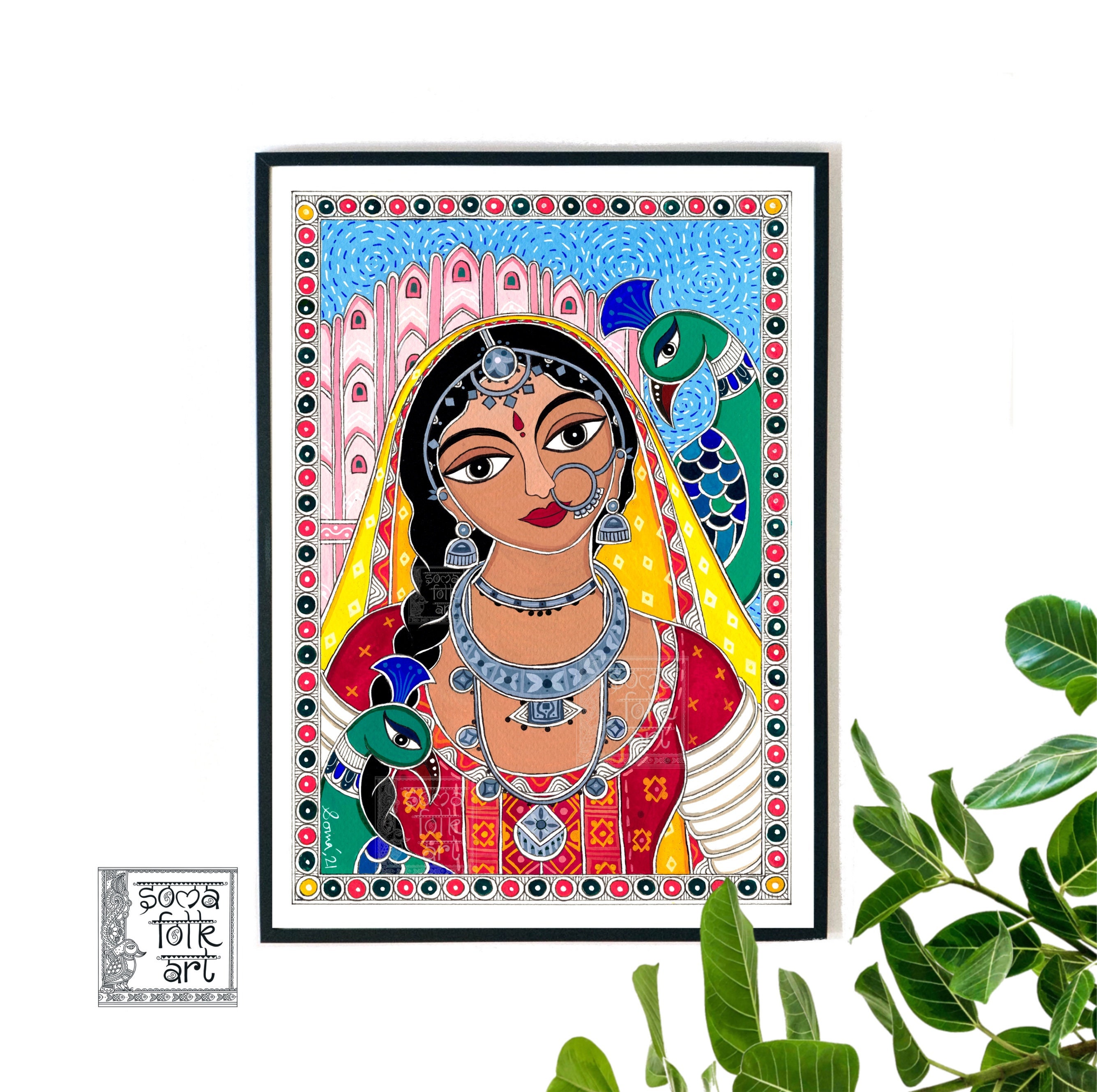 Print Madhubani Rajasthani Woman With Peacock Painting Desi Brown