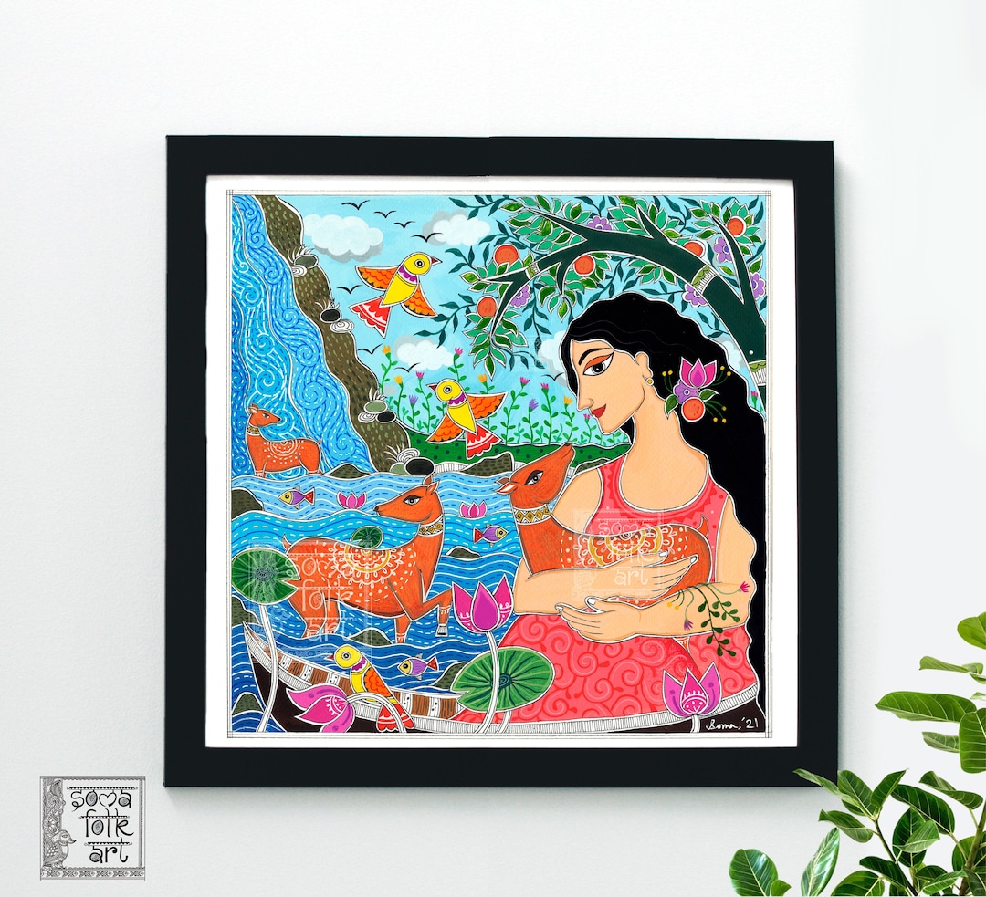 Print Magical Lands Madhubani Inspired Indian Desi Brown Girl Folk Wall ...