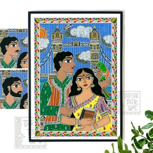May include: A colorful folk art painting depicting a couple standing in front of the Tower Bridge in London. The man is wearing a green and orange striped shirt and the woman is wearing a yellow sari with a pink and purple border. The painting is framed in black and has a blue background with white clouds. The text "Gitanjali" is visible on a book held by the woman.