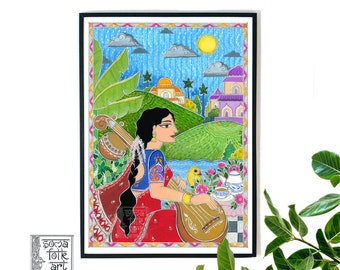 Print Madhubani, Lady with Veena, Gift for Indian Musician, Veena Player, Desi Brown Girl painting,  Indian art, Wall decor
