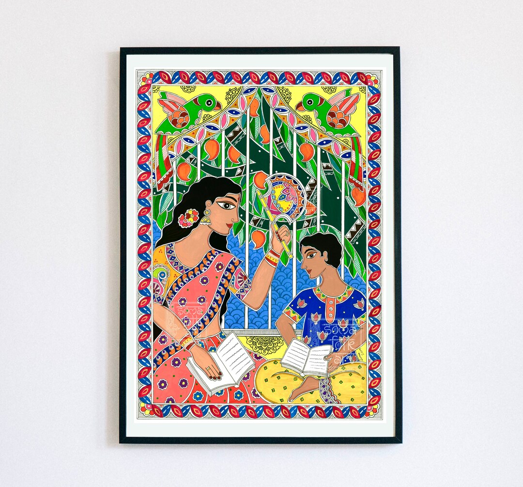 Madhubani Art Print: Mother & Son With Parrots, Indian Wall Decor - Etsy