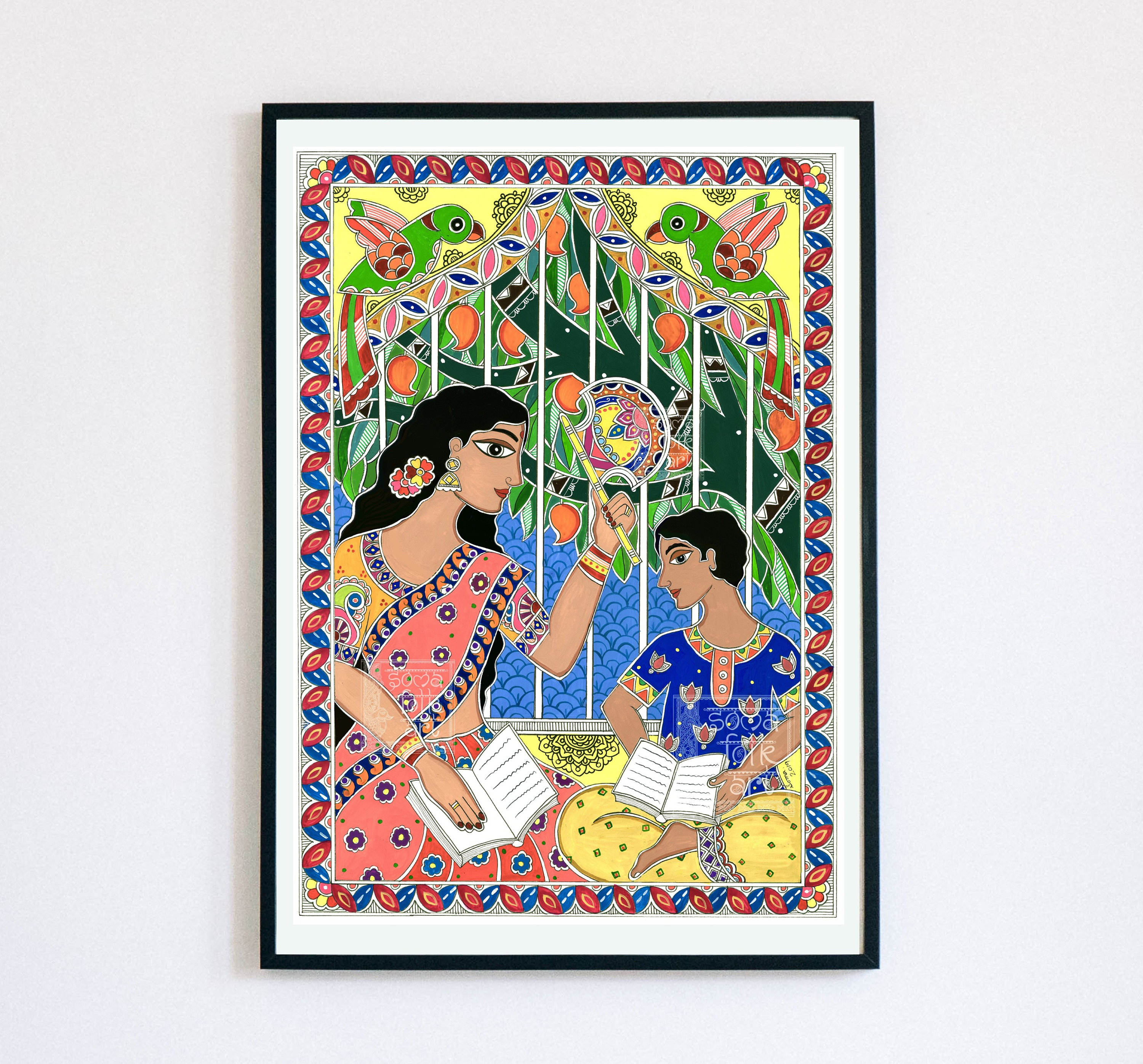 Madhubani Art Print: Mother & Son With Parrots, Indian Wall Decor - Etsy