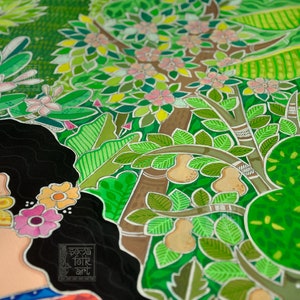 May include: A colorful painting of a woman with black hair and a pink flower in her hair. The background is a lush green forest with trees, leaves, and flowers. The painting is signed "Socha Forte Art".