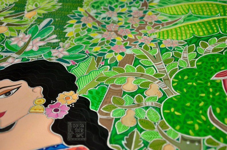 May include: A colorful painting of a woman with black hair and a pink flower in her hair. The background is a lush green forest with trees, leaves, and flowers. The painting is signed "Socha Forte Art".