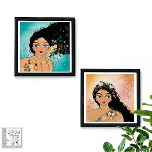 Print Lady with Flower,Desi Brown Girl, Indian Folk art Wall art , Set of 2 designs