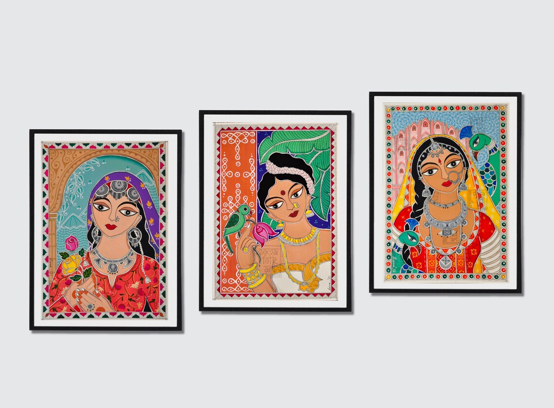 Print Madhubani Rajasthani Woman With Peacock Painting Desi Brown Girl ...