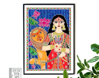 Print Durga, Hindu Goddess, Madhubani Painting, Gift for Indian Mother, Desi Home Decor, Wall Art